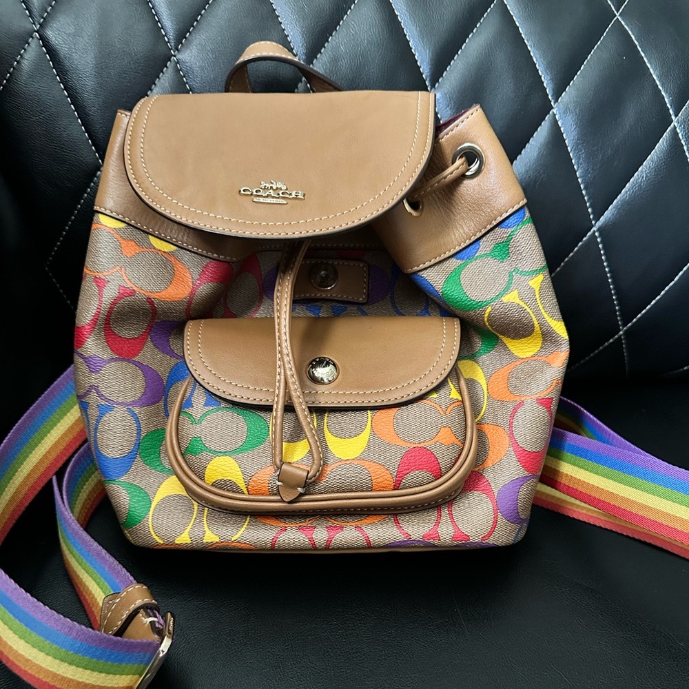 Coach Pennie Backpack with rainbow straps